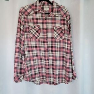 Pink, White, And Brown Plaid Flannel Shirt